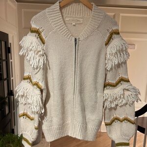 REVOLVE Cream and Gold Fringe Sweater cardigan Jen’s Pirate Booty p/s full zip